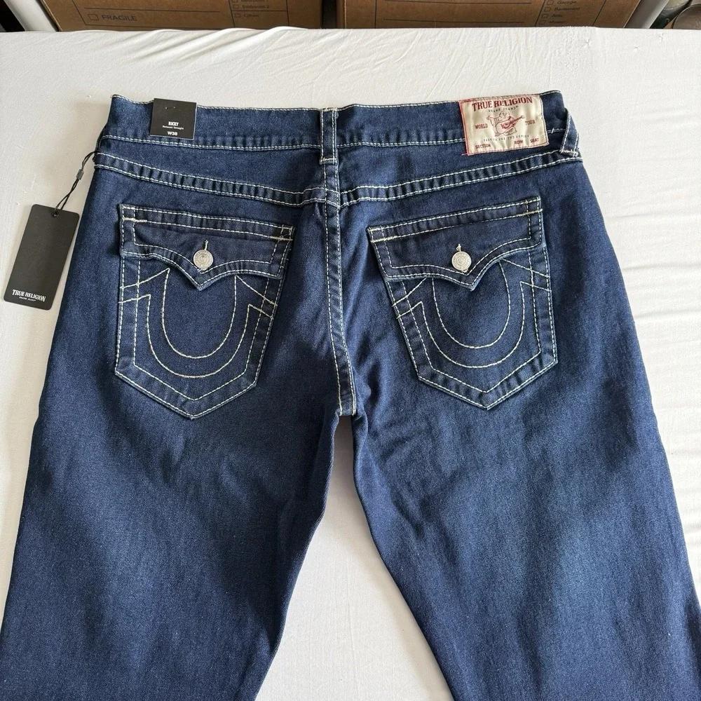 True Religions Ricky Big T Flap Straight Jeans Mens 38x34 Relaxed Dark Artic